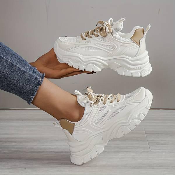 Chaussures orthopédique Chunky Blanches avec Détails Marron - Confort Orthopédique