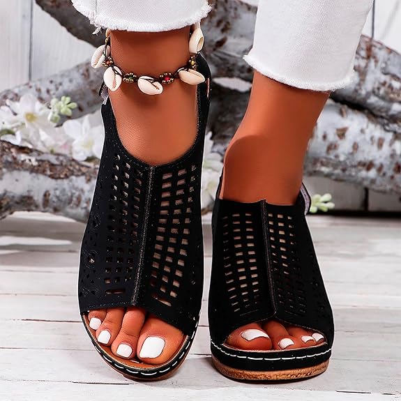 Sandale Orthopédique Femme Semi-Ouverte avec Motifs - Noir / 37