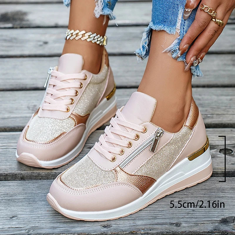 Basket orthopédique femme - Sneakers compensées en mesh doré, confortables