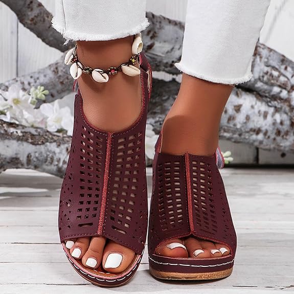 Sandale Orthopédique Femme Semi-Ouverte avec Motifs - bordeau / 40