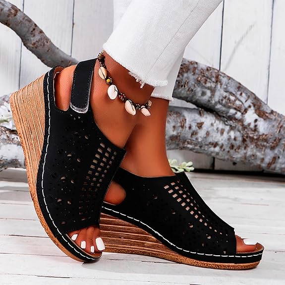 Sandale Orthopédique Femme Semi-Ouverte avec Motifs - Noir / 36
