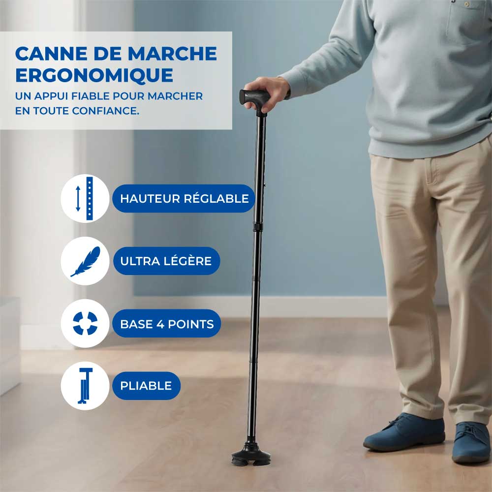 Canne de Marche Quadripode Pliable - Bleu