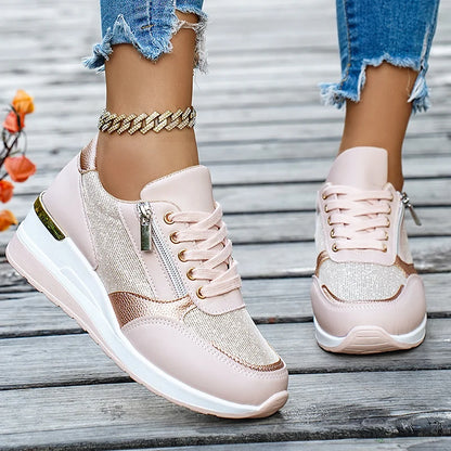 Basket orthopédique femme - Sneakers compensées en mesh doré, confortables