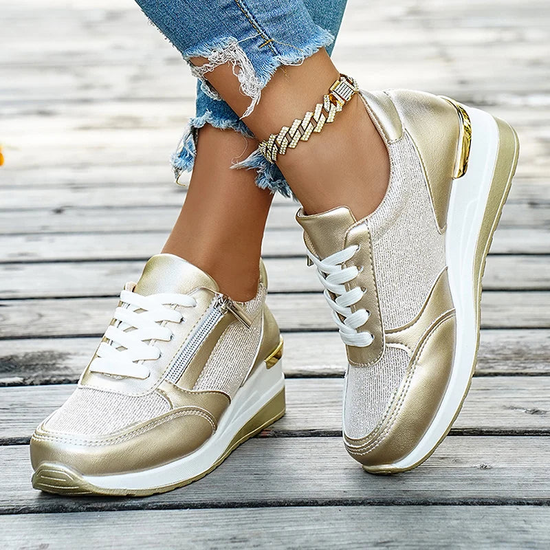 Basket orthopédique femme - Sneakers compensées en mesh doré, confortables