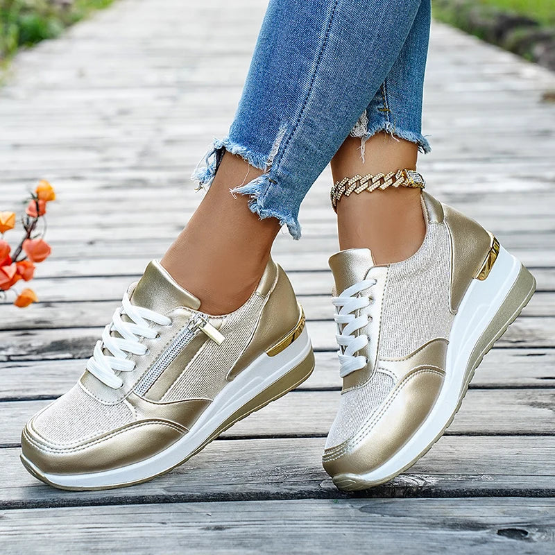 Basket orthopédique femme - Sneakers compensées en mesh doré, confortables