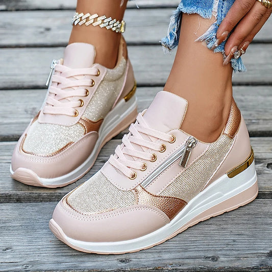 Basket orthopédique femme - Sneakers compensées en mesh doré, confortables