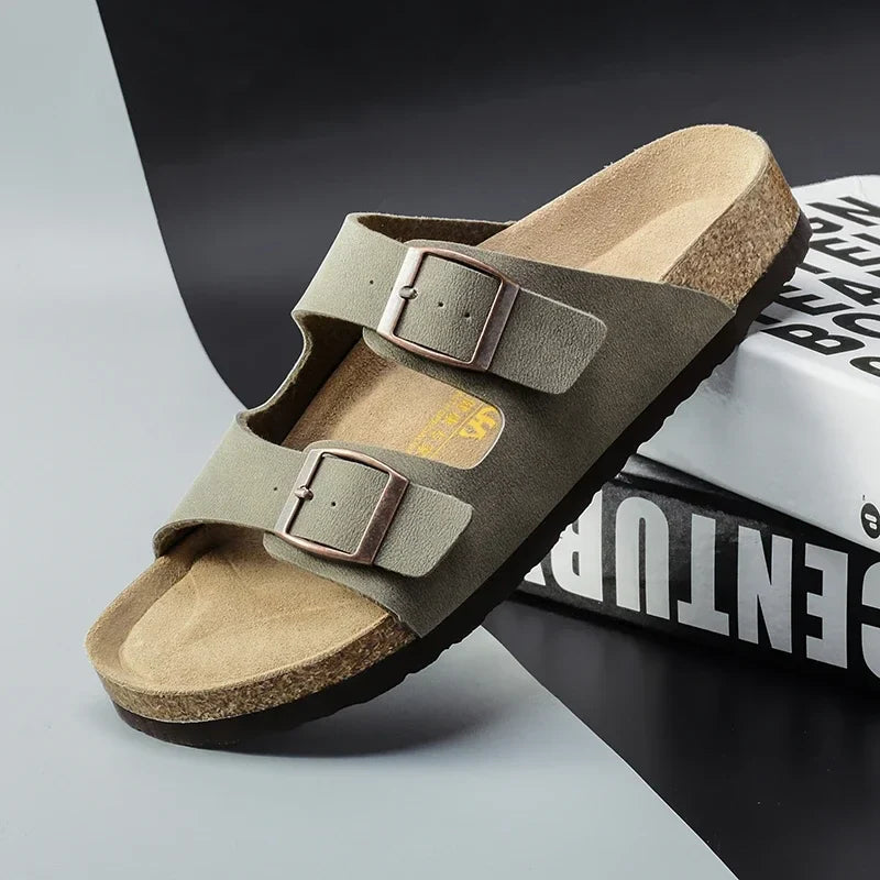 Claquette orthopédique homme double bride en liège - Camel / 39
