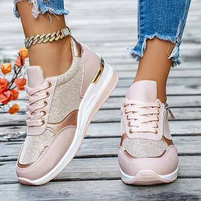 Basket orthopédique femme - Sneakers compensées en mesh doré, confortables