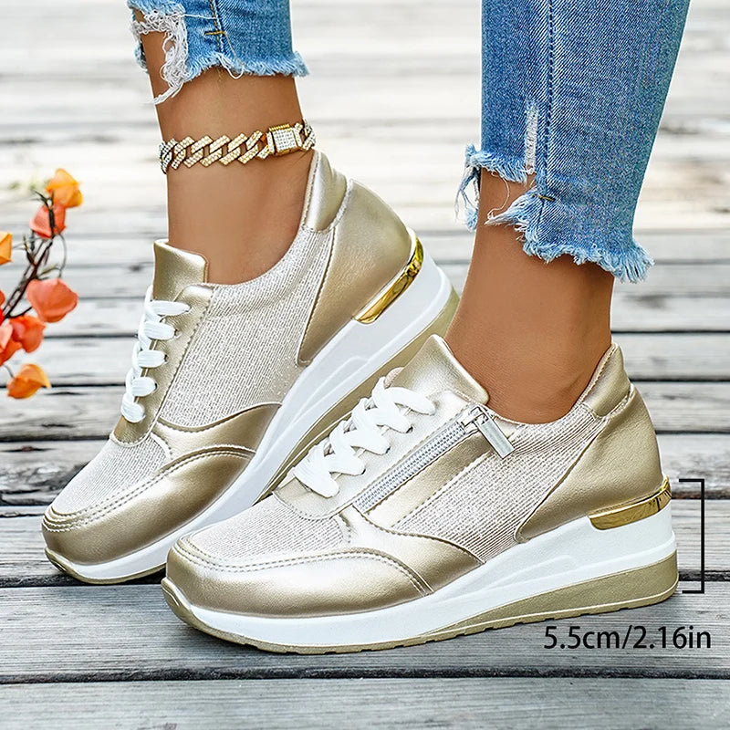 Basket orthopédique femme - Sneakers compensées en mesh doré, confortables
