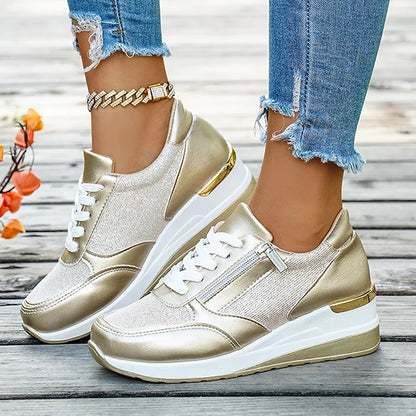 Basket orthopédique femme - Sneakers compensées en mesh doré, confortables