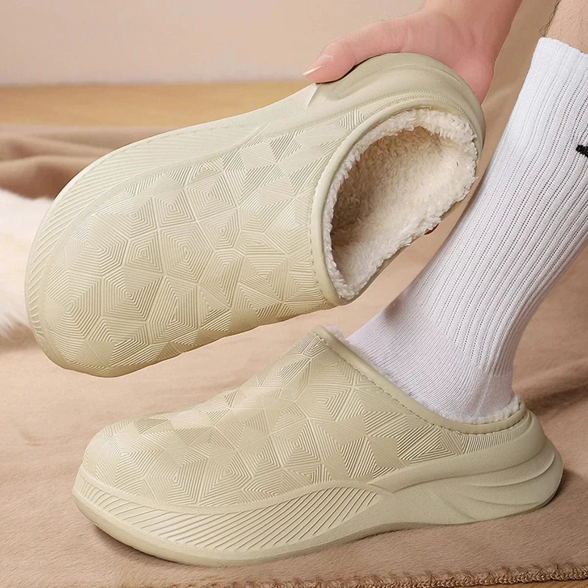 Chausson Orthopédique Homme Imperméable avec Intérieur en Fausse Fourrure - Beige / 40-41