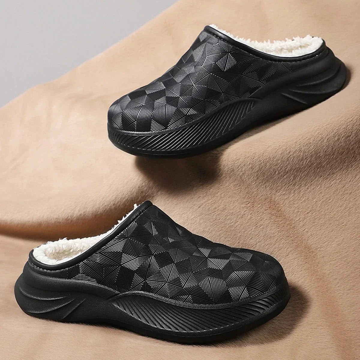 Chausson Orthopédique Homme Imperméable avec Intérieur en Fausse Fourrure - Noir / 44-45
