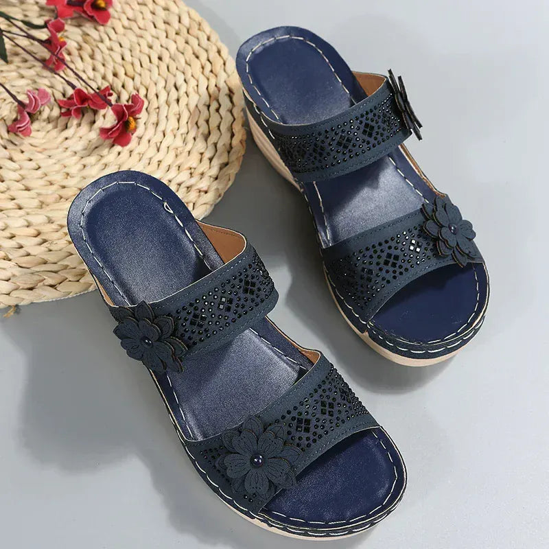 Claquette Orthopédique Femme avec des Motifs Floraux - Bleu / 35