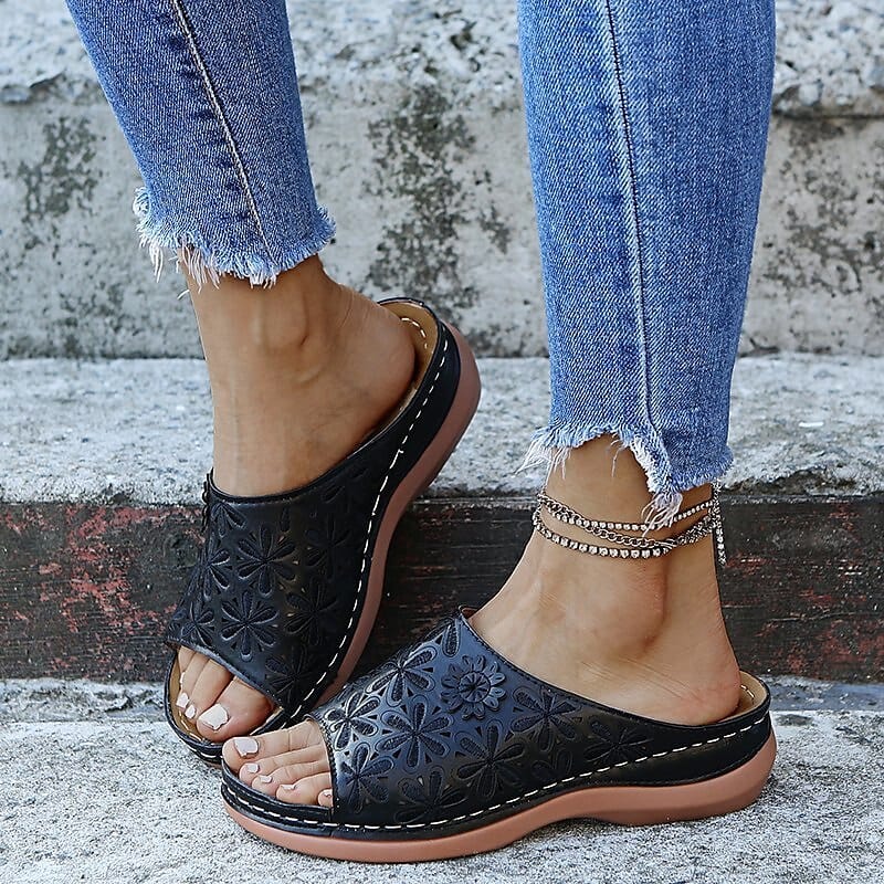 Sandale Orthopédique Femme à Talon en Similicuir Noir